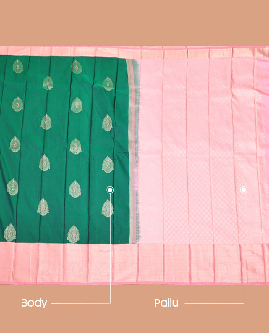 Green Budget Silk Saree, Finely Crafted with Zari Buttas, Complemented by a Contrast Traditional Zari Design Border, Grand Jaal Pallu, and Paired with a Contrast Blouse