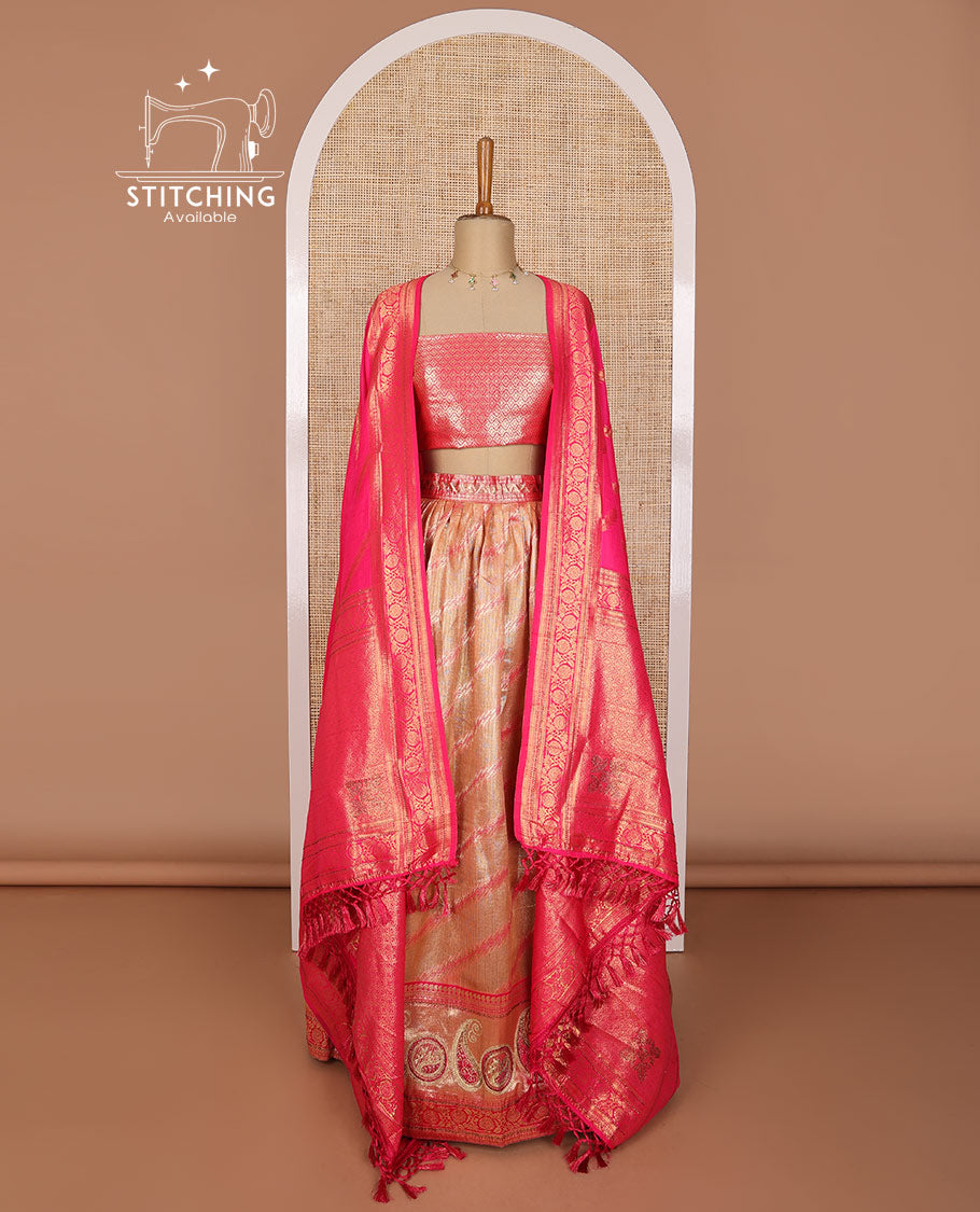 Light yellow striped tissue half saree with contrast paisley design border, zari design blouse & floral design dhavani