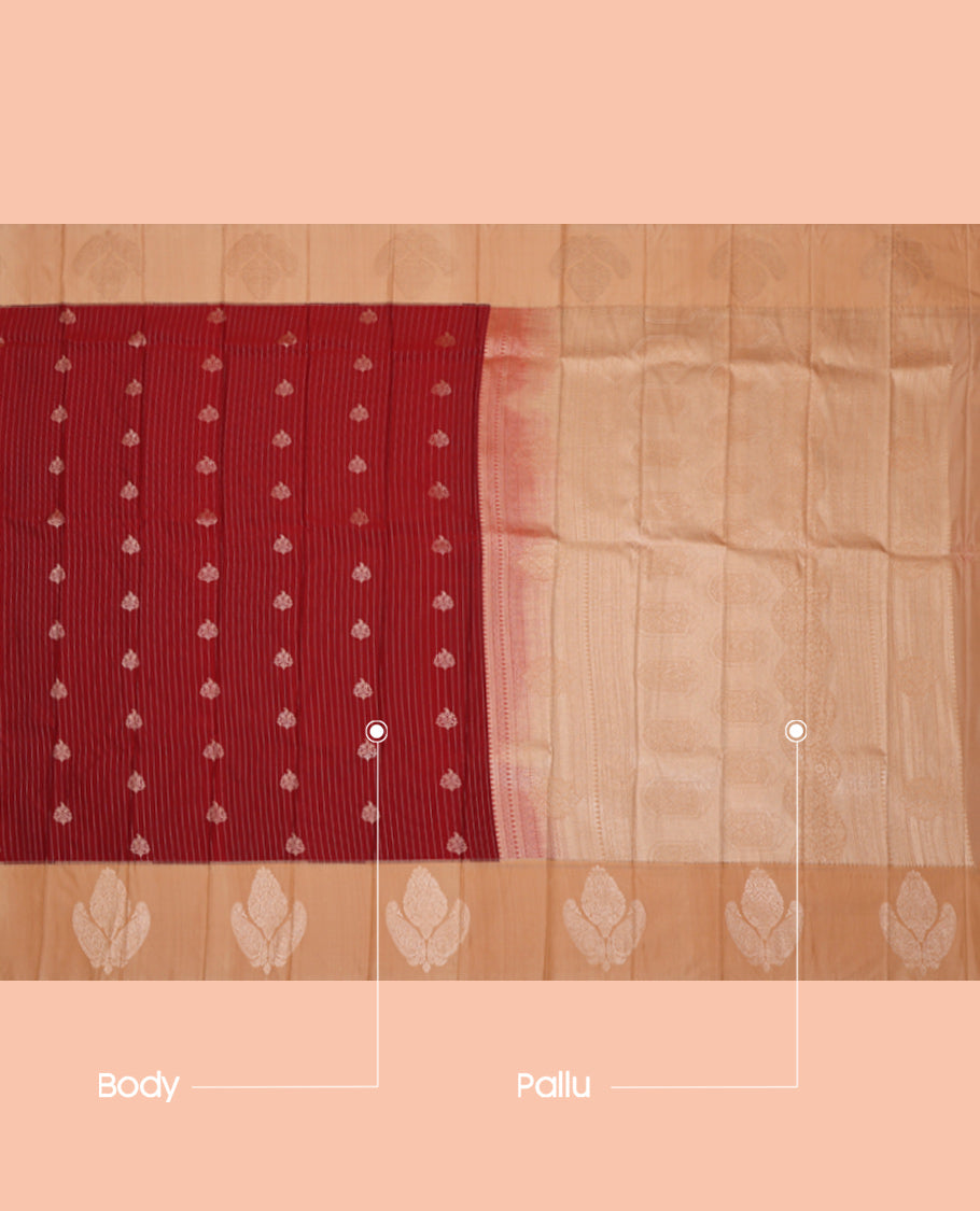 Red Budget Silk Saree, Gleamed Up with Zari Buttas and Stripes, Complemented by a Contrast Zari Motif Border, Intricate Pallu, and a Contrast Blouse