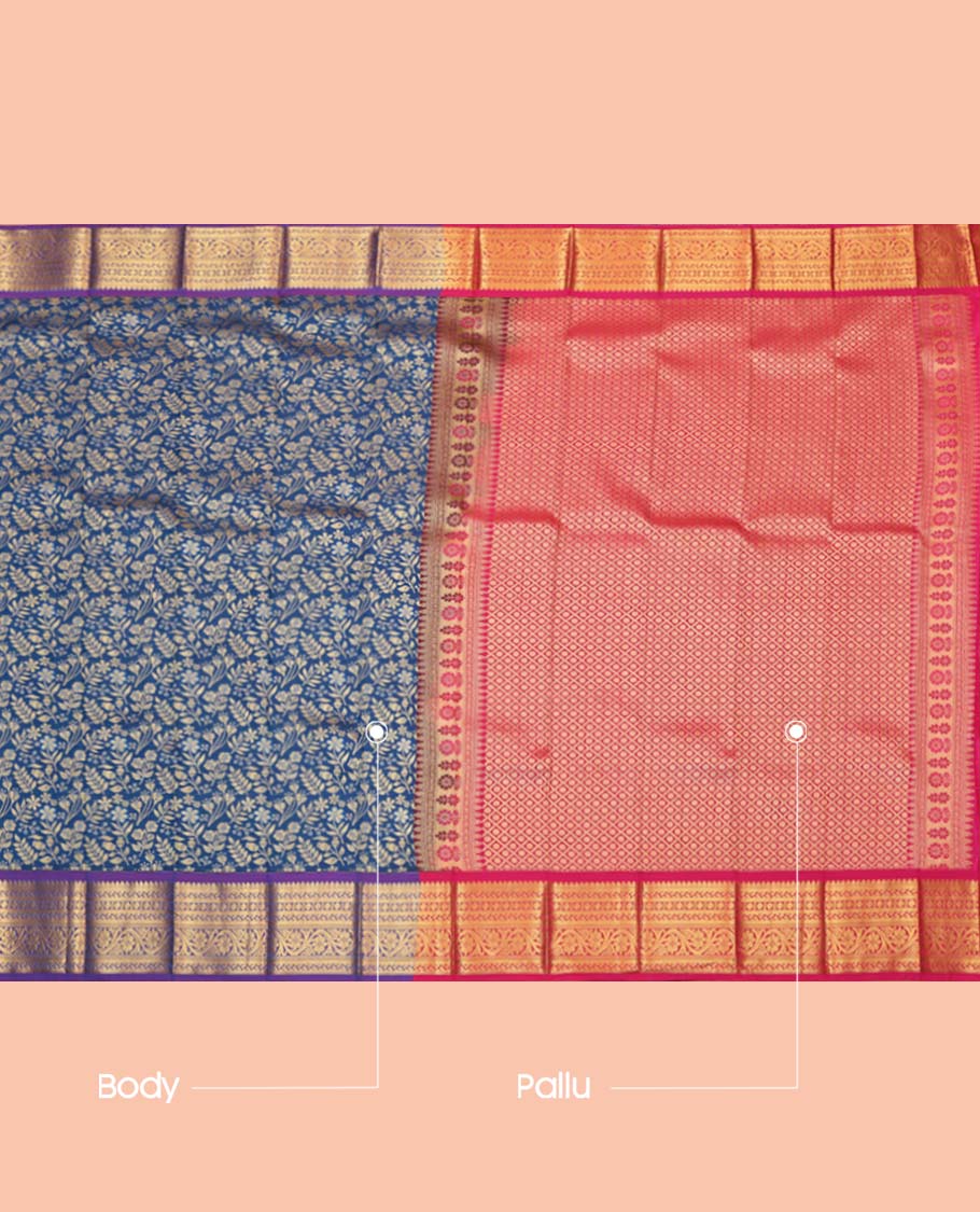 Blue Budget Silk Saree, Elevated with Leaf Jacquard Design, Complemented by a Contrast Traditional Zari Design Border, Grand Jaal Pallu, and a Contrast Blouse