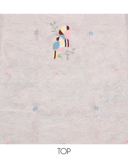 White Cotton Material Churidar Set, Decorated with Macaw Bird Sugar Bead-Embroidered Top, Matching Bottom, and Sugar Bead-Embroidered Kota Dupatta