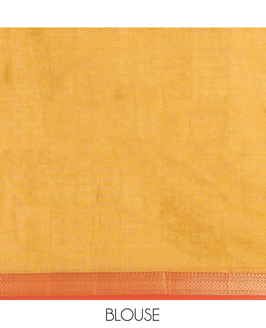 Gold Plain Maheshwari Cotton Saree, a Contrast Traditional Zari Border, Pallu of Zari Stripes, and a Matching Blouse