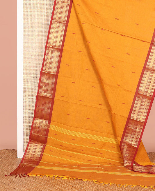 Yellow Chettinad Cotton Saree Beautified with Thread Buttas All Over Its Body, Complemented by a Contrast Traditional Zari Design Border, and a Pallu of Stripes and Buttas