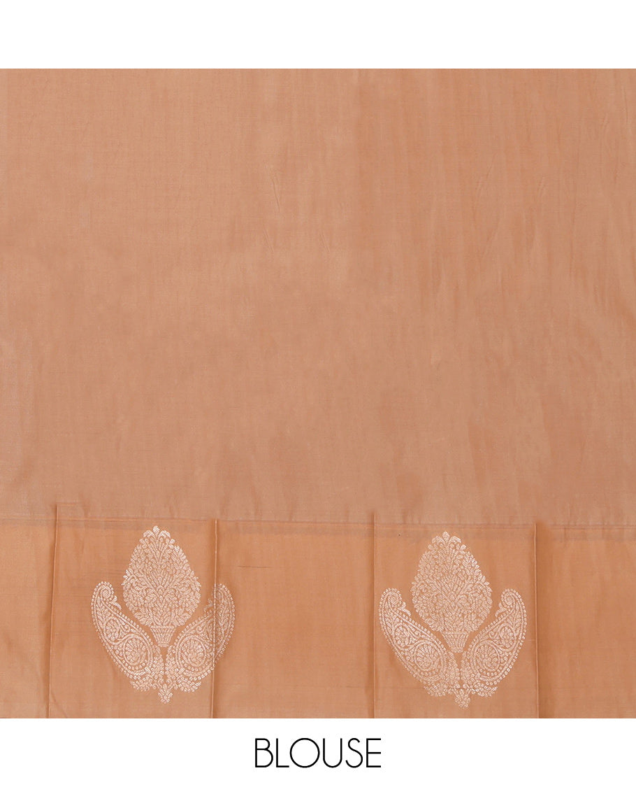 Red Budget Silk Saree, Gleamed Up with Zari Buttas and Stripes, Complemented by a Contrast Zari Motif Border, Intricate Pallu, and a Contrast Blouse