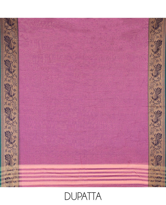 Purple Mercerised Cotton Material Churidar Set, Subtly Made Plain with Contrast Floral-Peacock Bordered Top, a Mercerised Cotton Bottom, and Paired with a Mercerised Cotton Peacock-Bordered Dupatta