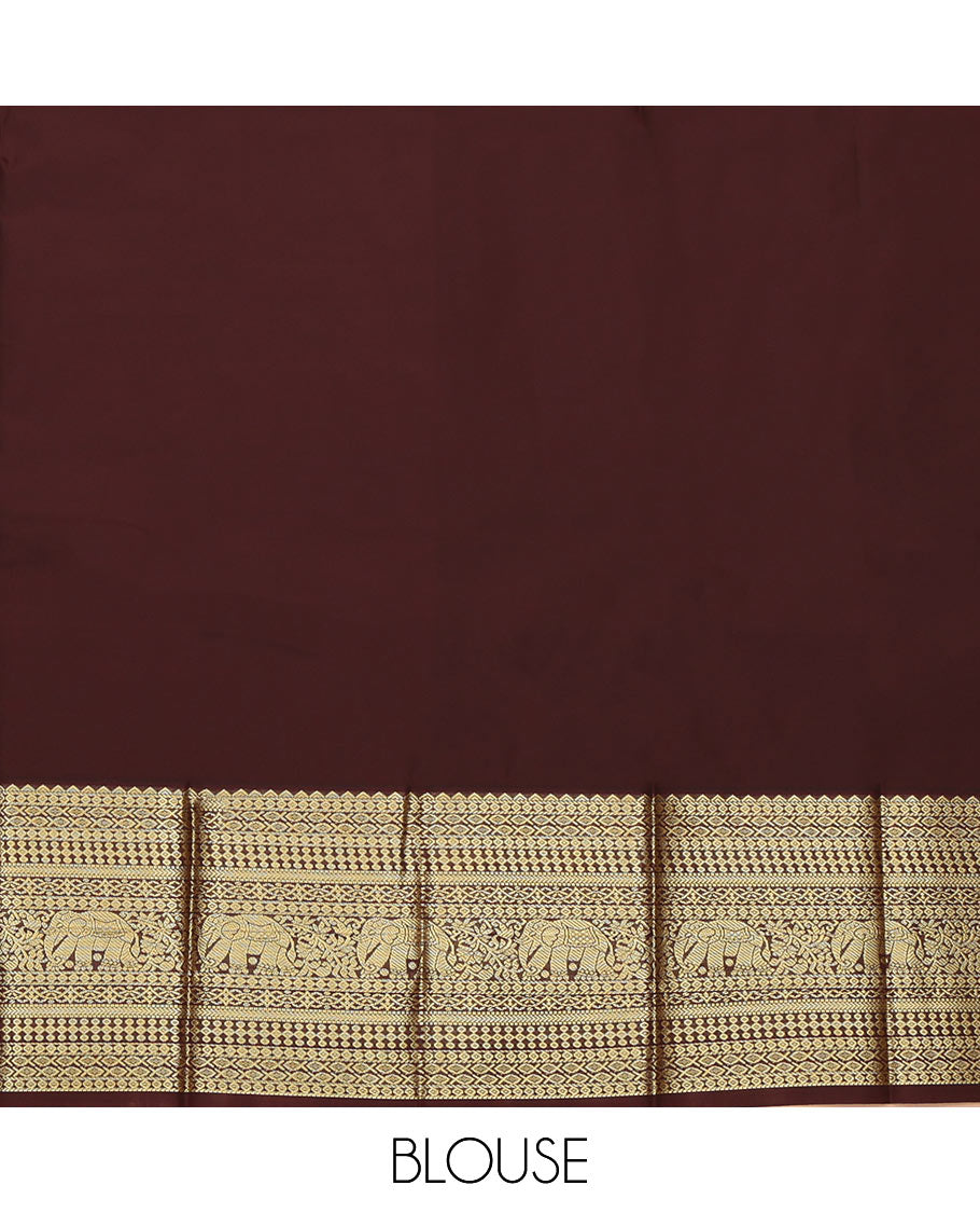 Red Budget Silk Saree, Embellished with Kolam Buttas on Its Body, Complemented by Contrast Traditional Zari Design Border, Grand Jaal Pallu, and Paired with a Contrast Blouse