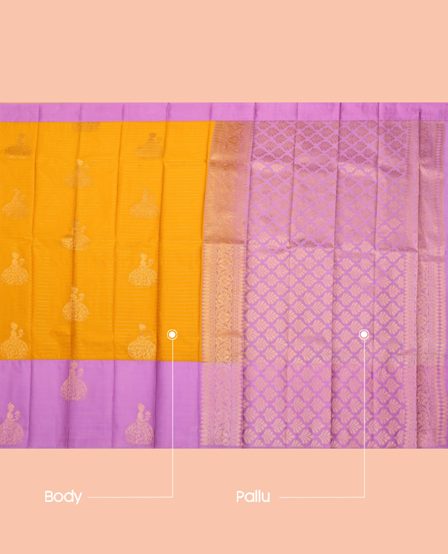 Yellow Budget Silk Saree, Subtly Sparkled with Zari Buttas and Stripes, Complemented by a Contrast Girl Figurine Zari Border, Grand Pallu, and a Contrast Blouse