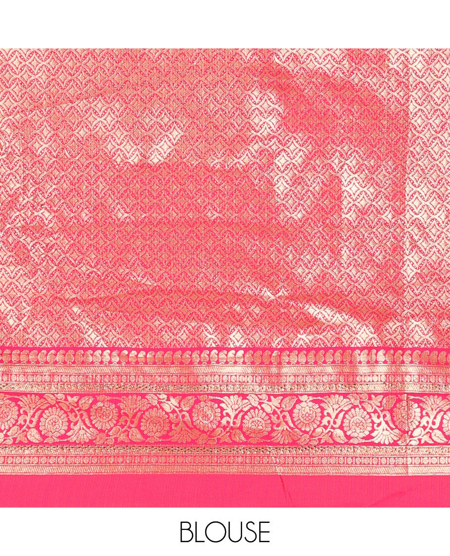 Light yellow striped tissue half saree with contrast paisley design border, zari design blouse & floral design dhavani