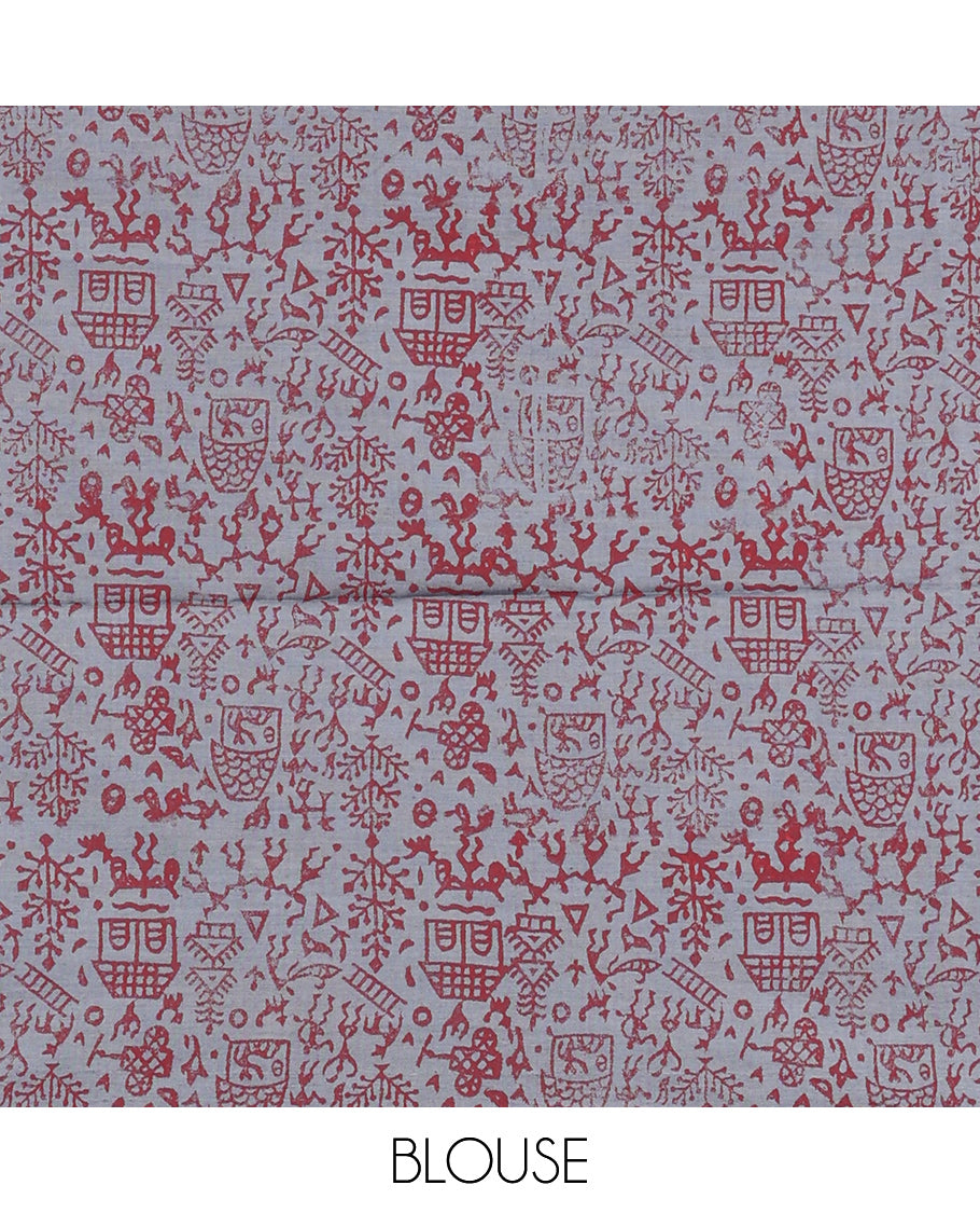 Red Poly Cotton Saree, Ornamented with Pichwai Cow and Floral Print, a Self-Pallu, and a Contrast Warli Print Blouse