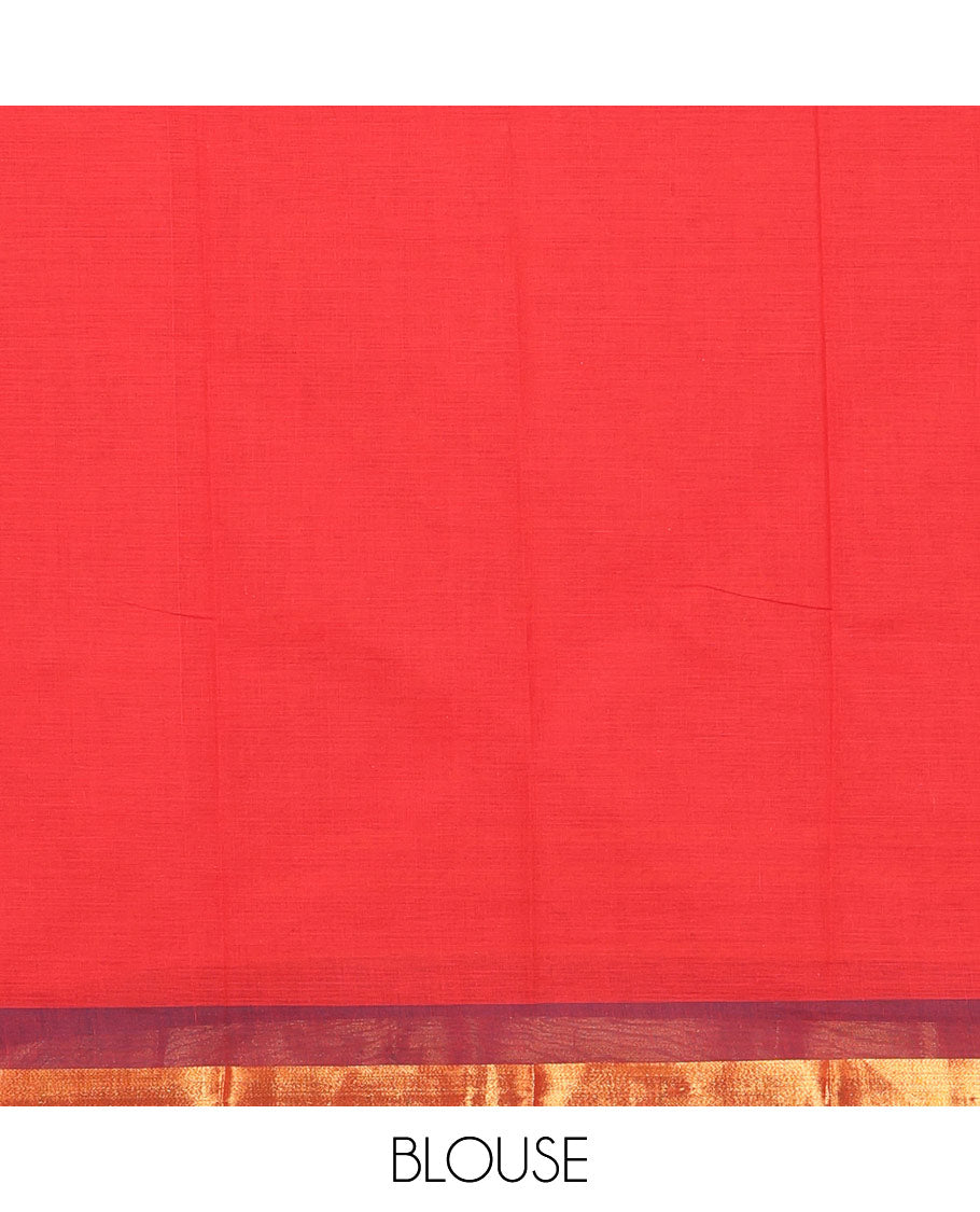 Red Chirala Cotton Saree, Accentuated with an Argyle Design, a Contrast Zari Border, Contrast Peacock Pallu, and a Contrast Blouse