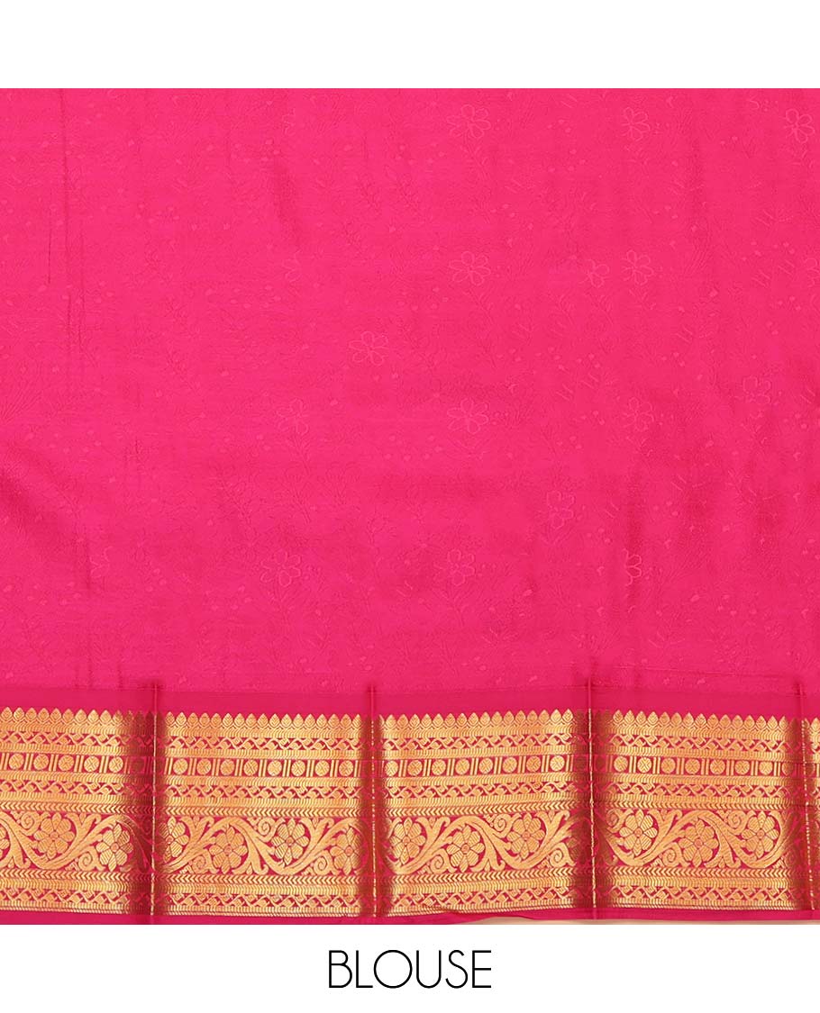 Blue Budget Silk Saree, Elevated with Leaf Jacquard Design, Complemented by a Contrast Traditional Zari Design Border, Grand Jaal Pallu, and a Contrast Blouse