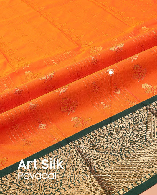 Orange Art Silk Pavadai Material Set, Elegantly Highlighted with Zari Buttas and Stripes on Its Skirt, Complemented by a Contrast Traditional Zari Design Border, and Paired with a Contrast Blouse