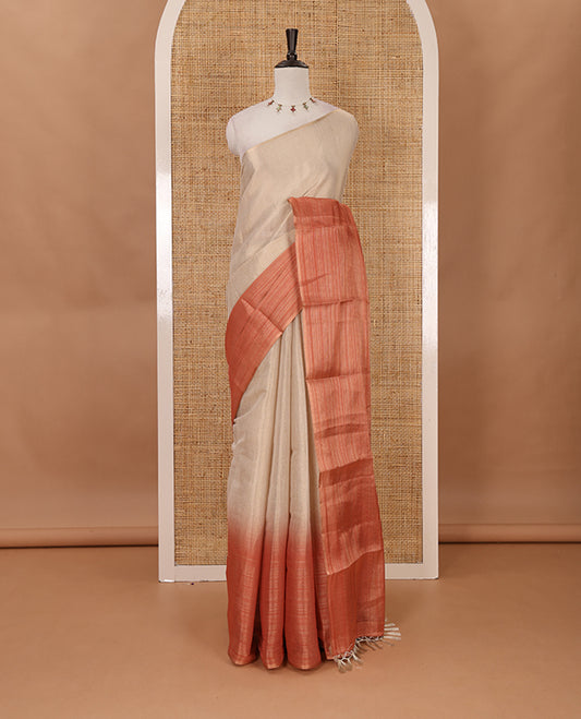 Borderless sandal-rust plain ombre-colored tissue saree, plain pallu & circle motifs printed blouse