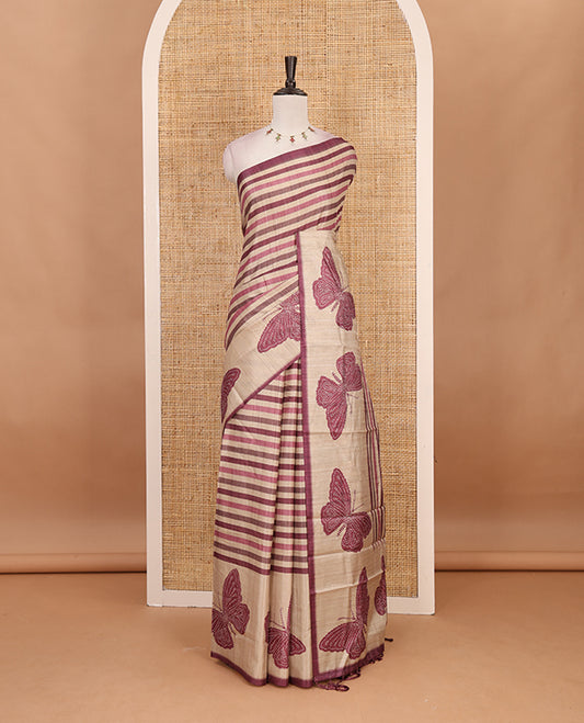 Maroon horizontal stripes printed soft tussar saree adorned with big butterfly motifs printed border and pallu, contrast blouse