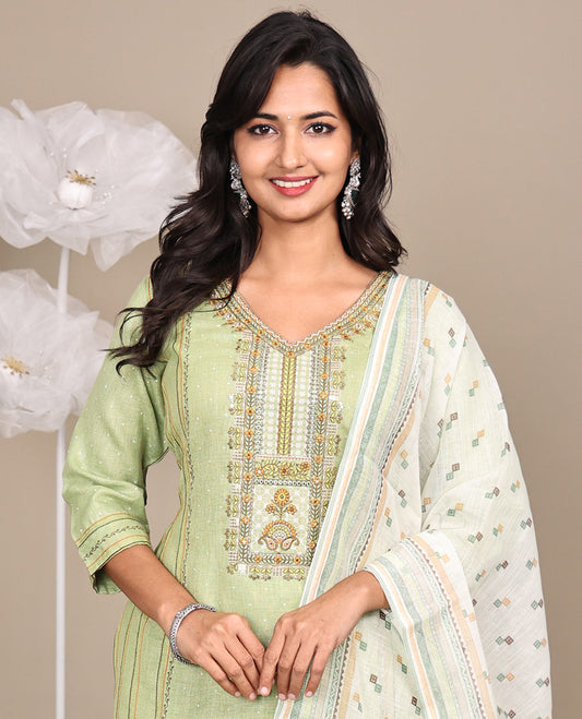 Green Ready-Made Cotton Suit, Elevated with V-Neckline Embroidery, 3/4 Sleeves, and a Straight-Cut Top, Paired with Straight-Cut Pants and a Contrast Printed Dupatta