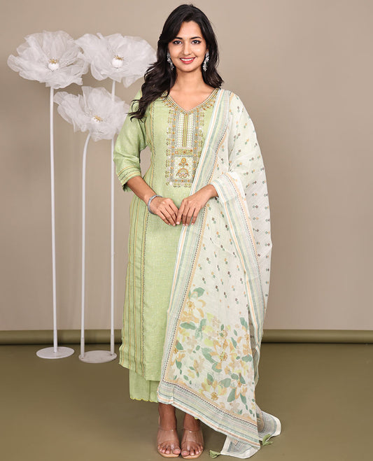 Green Ready-Made Cotton Suit, Elevated with V-Neckline Embroidery, 3/4 Sleeves, and a Straight-Cut Top, Paired with Straight-Cut Pants and a Contrast Printed Dupatta