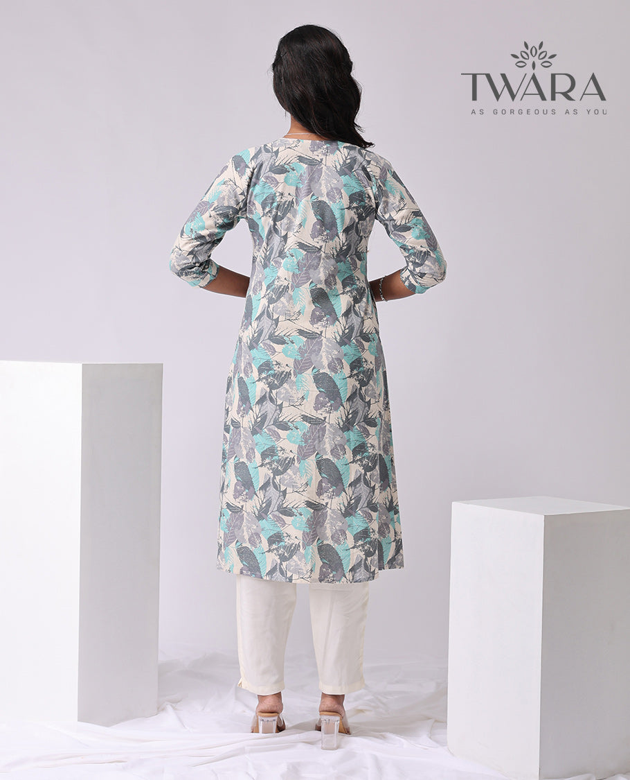 Twara cream leaf printed round neck, knee lenght, 3/4 th sleeve , a line kurti 
