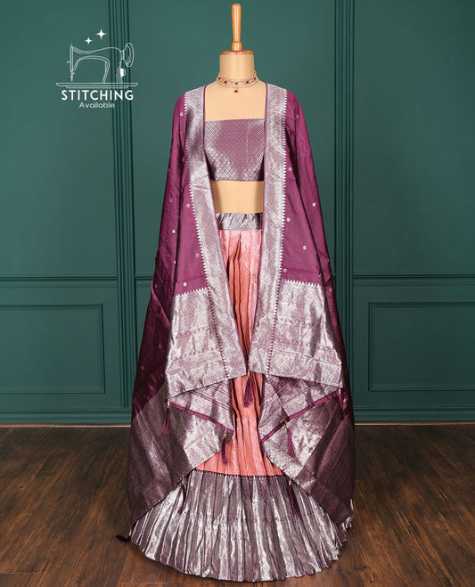 Pink jacquard art-silk half-saree, contrast traditional zari design border, jacquard blouse & intricate dupatta