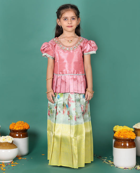 Green readymade art silk pavadai, floral print & contrast traditional zari border skirt, & embroidered puff-sleeve round-neck blouse