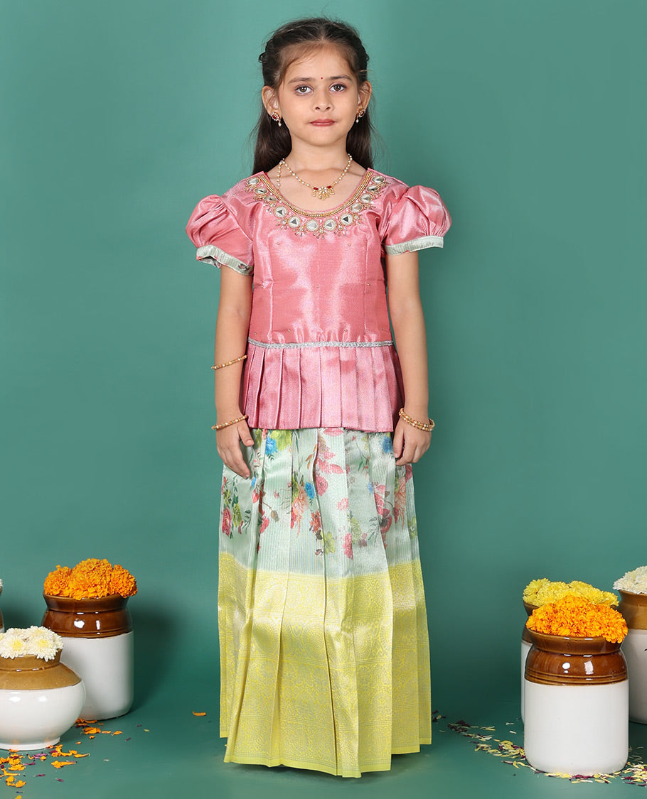 Green readymade art silk pavadai, floral print & contrast traditional zari border skirt, & embroidered puff-sleeve round-neck blouse