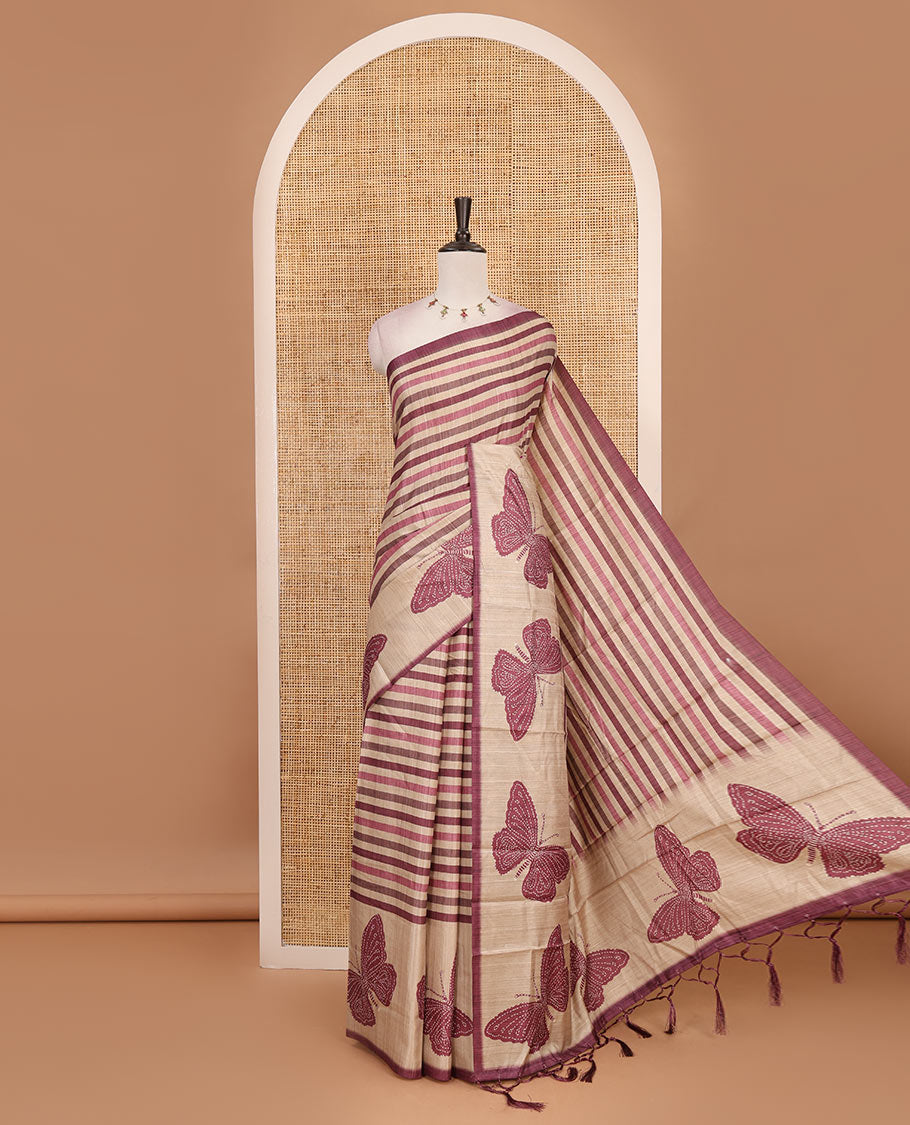 Maroon horizontal stripes printed soft tussar saree adorned with big butterfly motifs printed border and pallu, contrast blouse