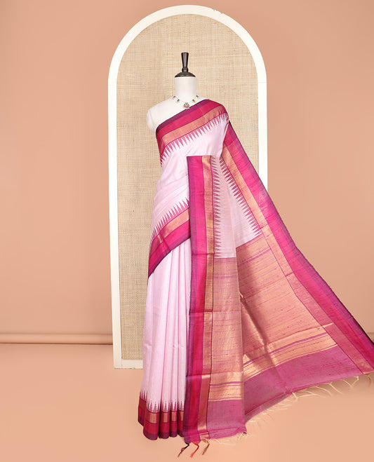 Baby Pink Plain Dupion Silk Saree, Complemented by a Contrast Temple Border, a Zari-Rich Pallu, and Paired with a Contrast Blouse