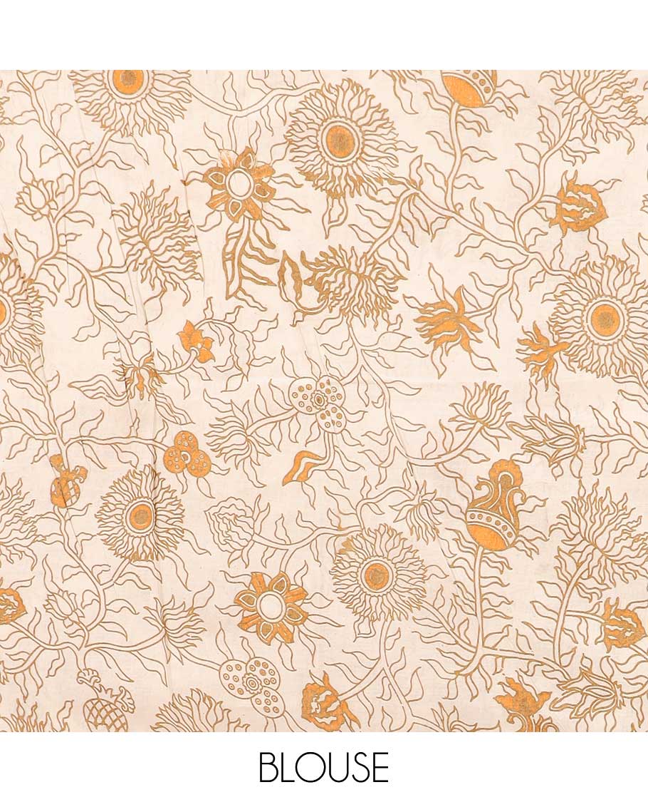 Yellow floral design machine-printed kalamkari cotton saree with contrast floral border & intricate floral design pallu