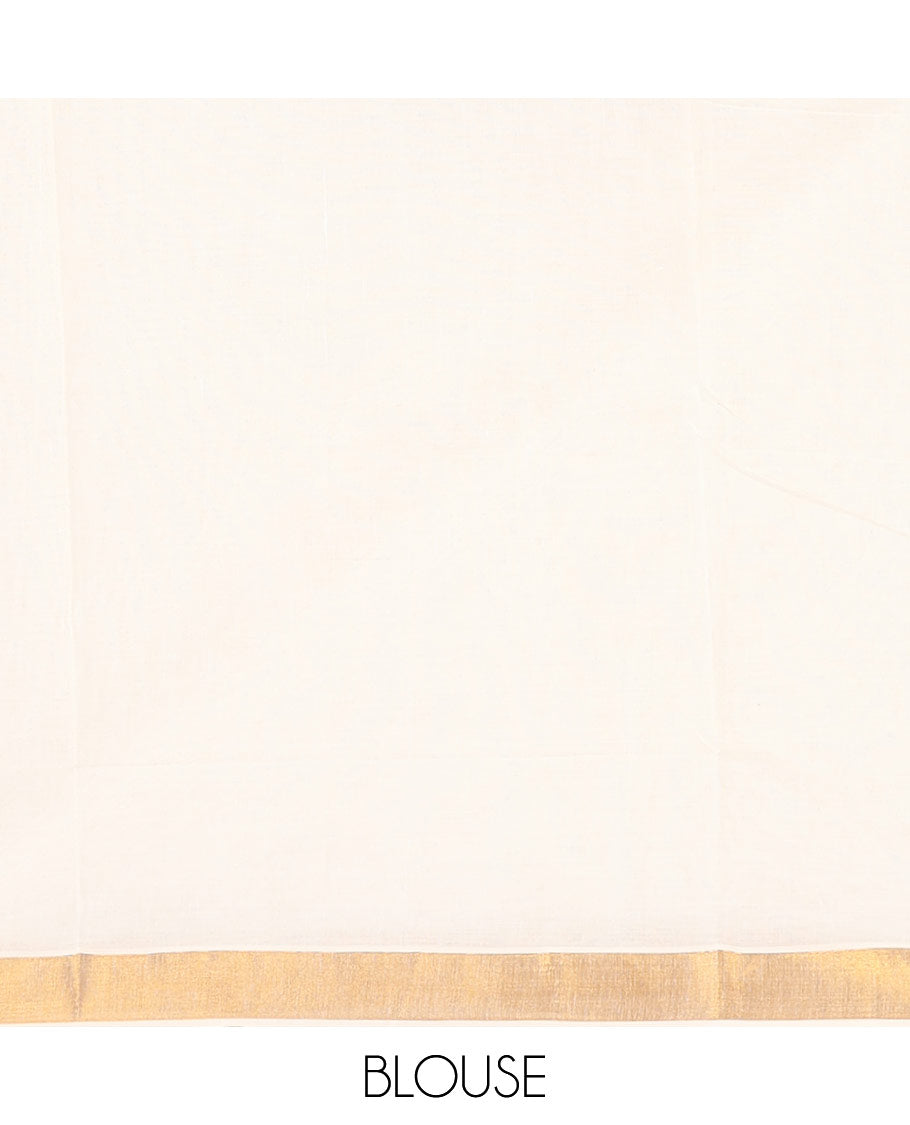 Cream Kerala Cotton Saree Adorned with Zari Stripes All Over Its Body, Zari Bavanji Border, Pallu Features Peacock and Paisley Designs, and Paired with a Matching Blouse