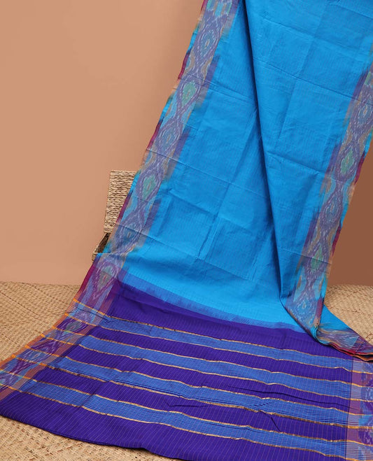 Blue micro-checked kuppadam cotton saree, ikkat border & pallu of stripes