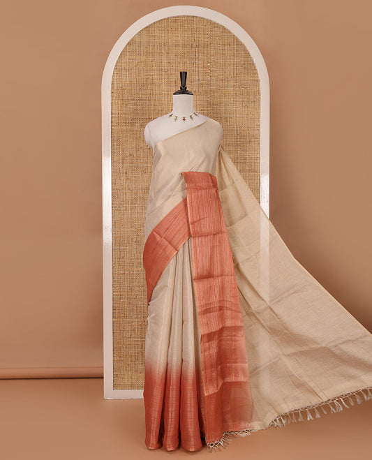 Borderless sandal-rust plain ombre-colored tissue saree, plain pallu & circle motifs printed blouse