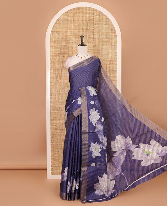 Navy blue zari checked & Pichwai Lotus digital printed semi-tussar saree, gold zari bavanji border & matching zari checked blouse