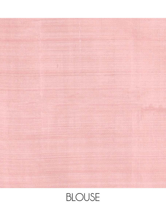 Borderless pink banana pith saree with all-over temple buttas, contrast pallu of stripes