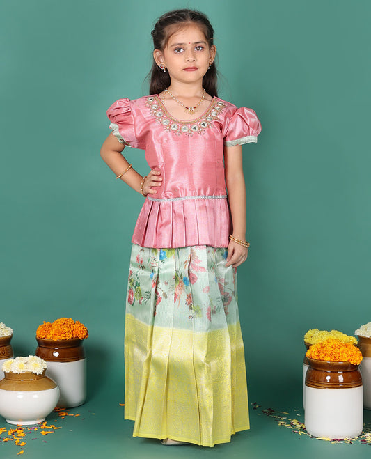 Green readymade art silk pavadai, floral print & contrast traditional zari border skirt, & embroidered puff-sleeve round-neck blouse