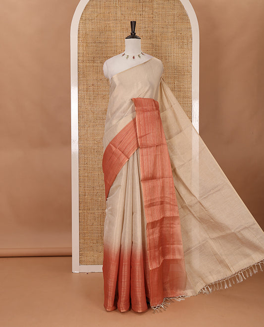 Borderless sandal-rust plain ombre-colored tissue saree, plain pallu & circle motifs printed blouse