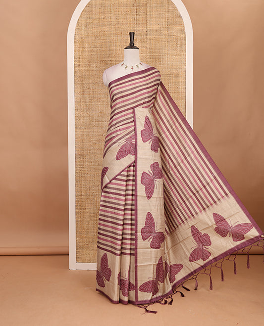 Maroon horizontal stripes printed soft tussar saree adorned with big butterfly motifs printed border and pallu, contrast blouse