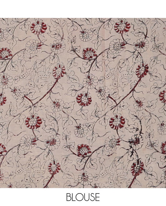 Cream floral design machine-printed kalamkari cotton saree with contrast floral design border & human inspried design pallu
