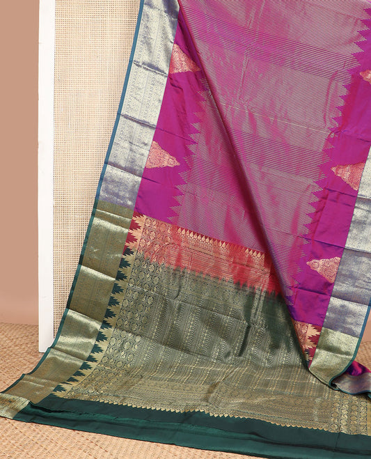 Purple striped gift saree with contrast zari design border & floral jaal design pallu