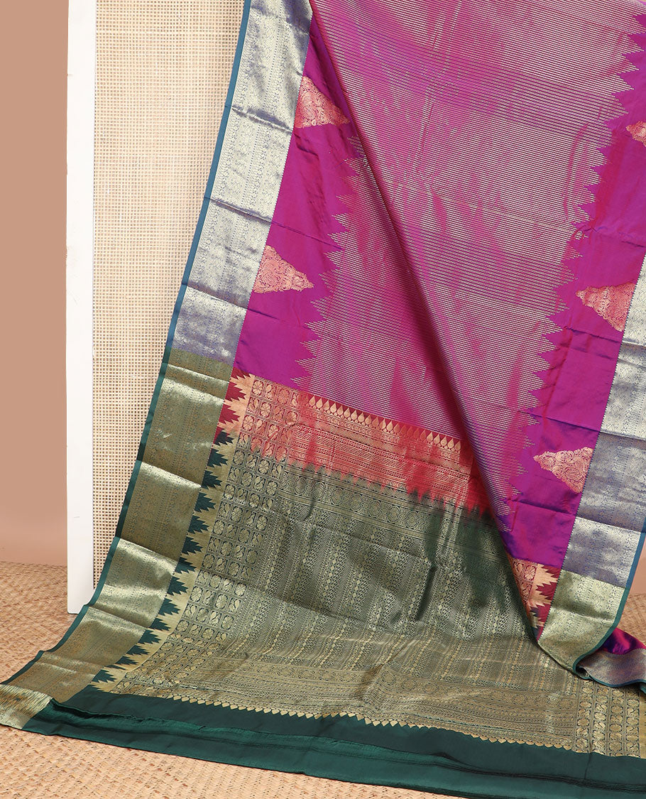 Purple striped gift saree with contrast zari design border & floral jaal design pallu