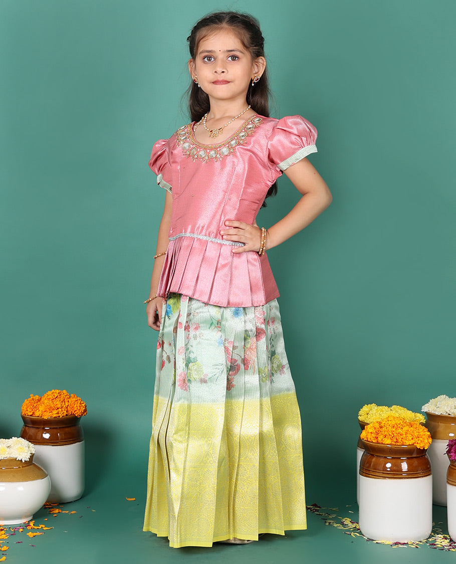 Green readymade art silk pavadai, floral print & contrast traditional zari border skirt, & embroidered puff-sleeve round-neck blouse