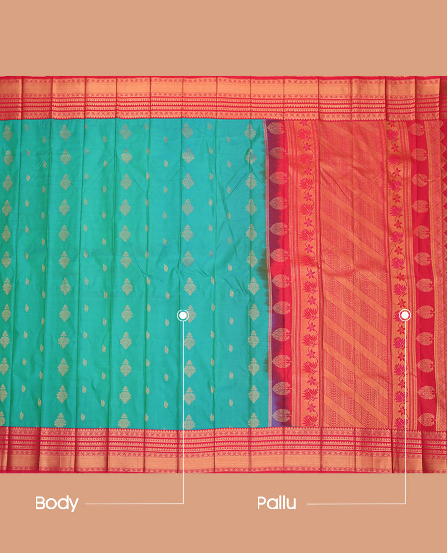 Green Budget Silk Saree, Embellished with Zari Buttas, a Contrast Traditional Zari Border, Intricate Pallu, and a Contrast Blouse