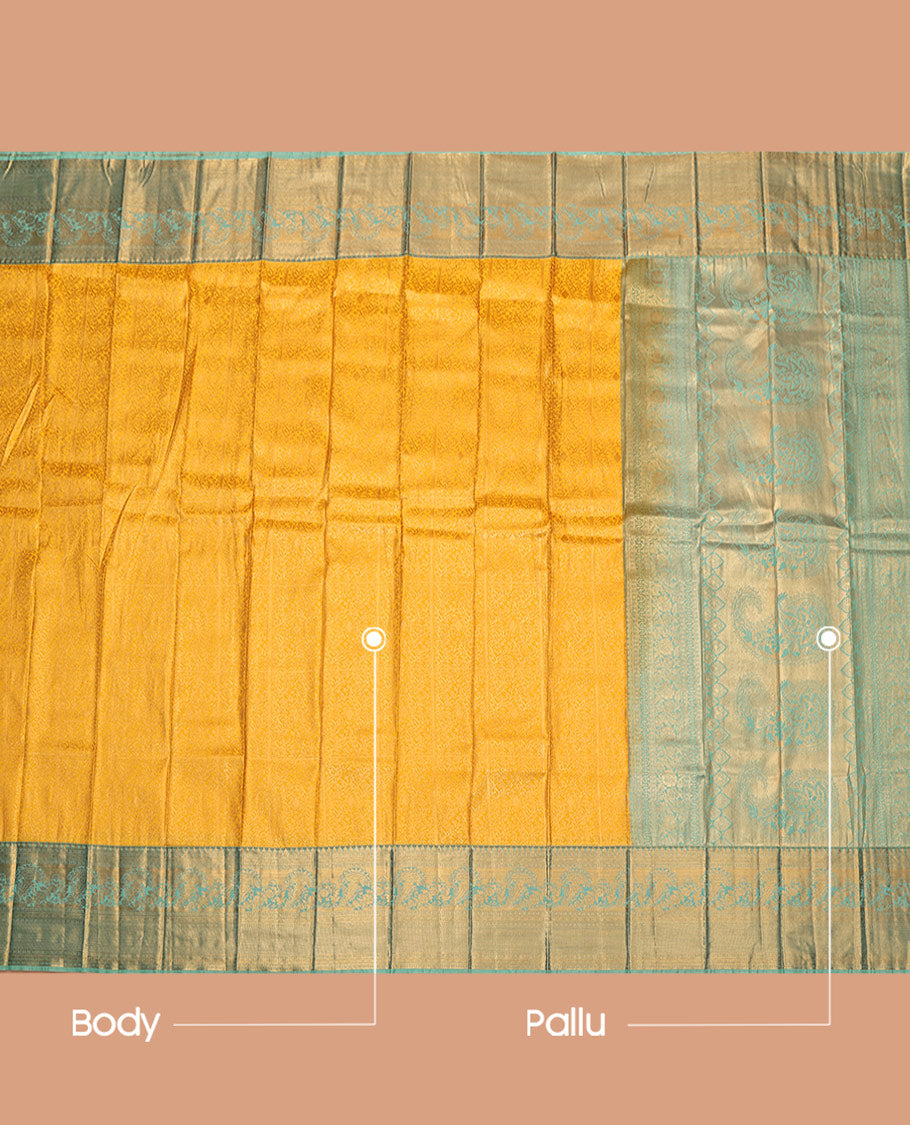 Yellow Budget Silk Saree, Sparsely Woven with Jacquard, Complemented by Contrast Traditional Zari Border, Grand Pallu, and Contrast Blouse