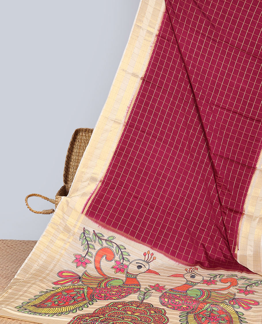 Red checked mysore silk saree with contrast reiped border & peacock design print pallu