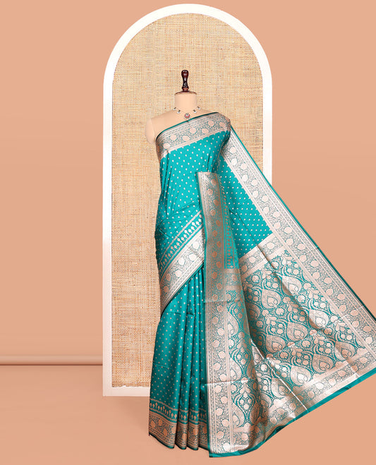 Green Banarasi Nylon Saree, Steeped with Buttas, Floral Creeper Zari Border, Intricate Pallu, and a Matching Blouse