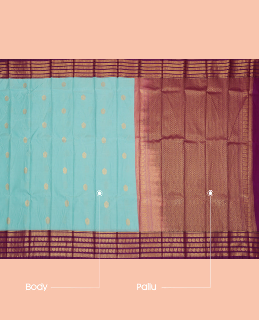 Blue Budget Silk Saree, Adorned with Zari Buttas, Complemented by Contrast Traditional Zari Border, a Jaal Pallu and a Contrast Blouse