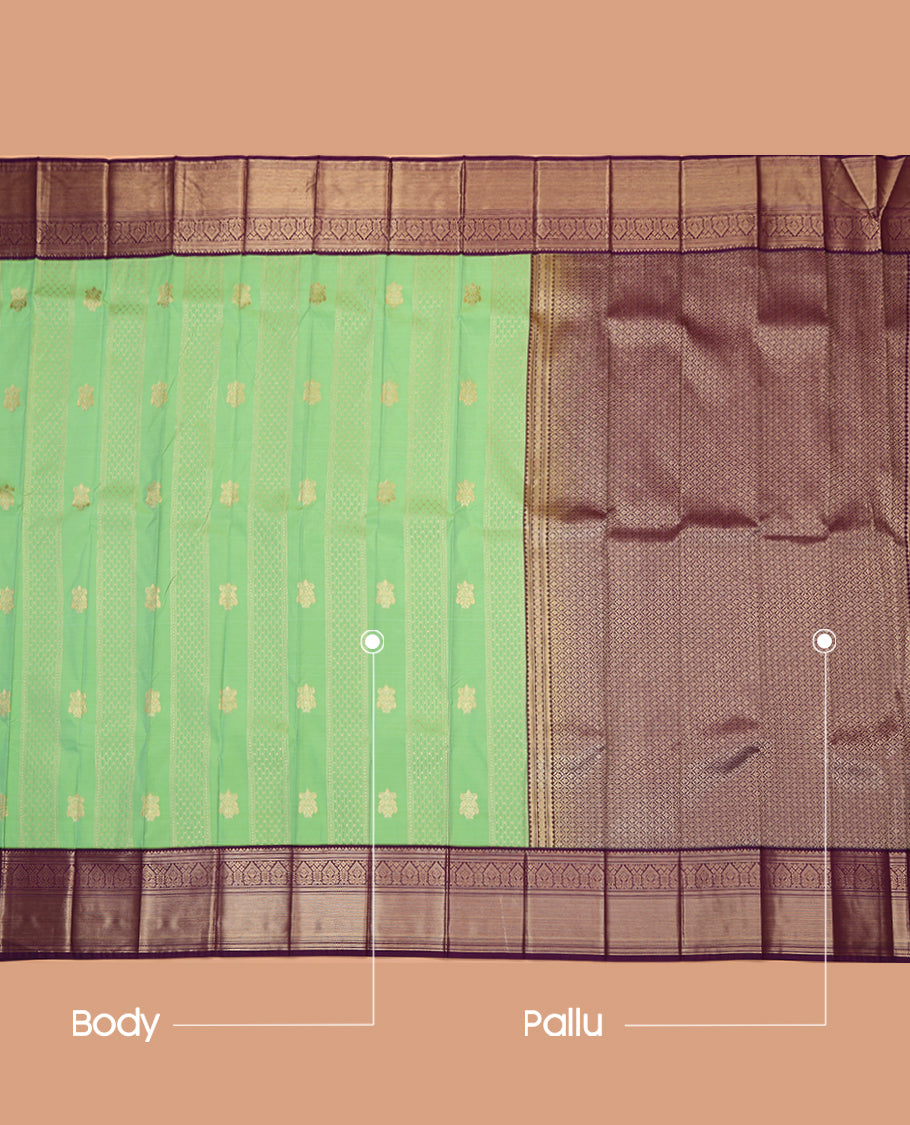 Green Budget Silk Saree, Spotlighted with Zari Buttas and Stripes, Complemented by a Contrast Traditional Zari Border, Grand Jaal Pallu, and Contrast Blouse