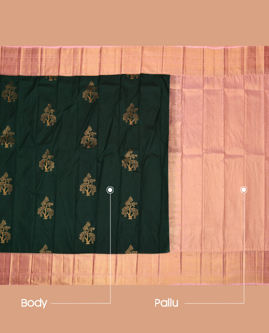 Green Budget Silk Saree, Ornamented with Tree Zari Buttas, Complemented by a Contrast Traditional Border, Grand Pallu, and a Contrast Blouse