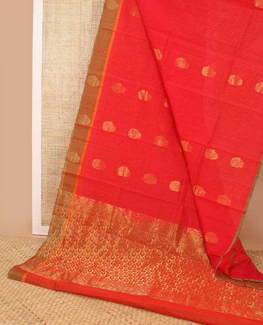 Red floral design silk cotton saree with contrast zari design border & jaal design pallu
