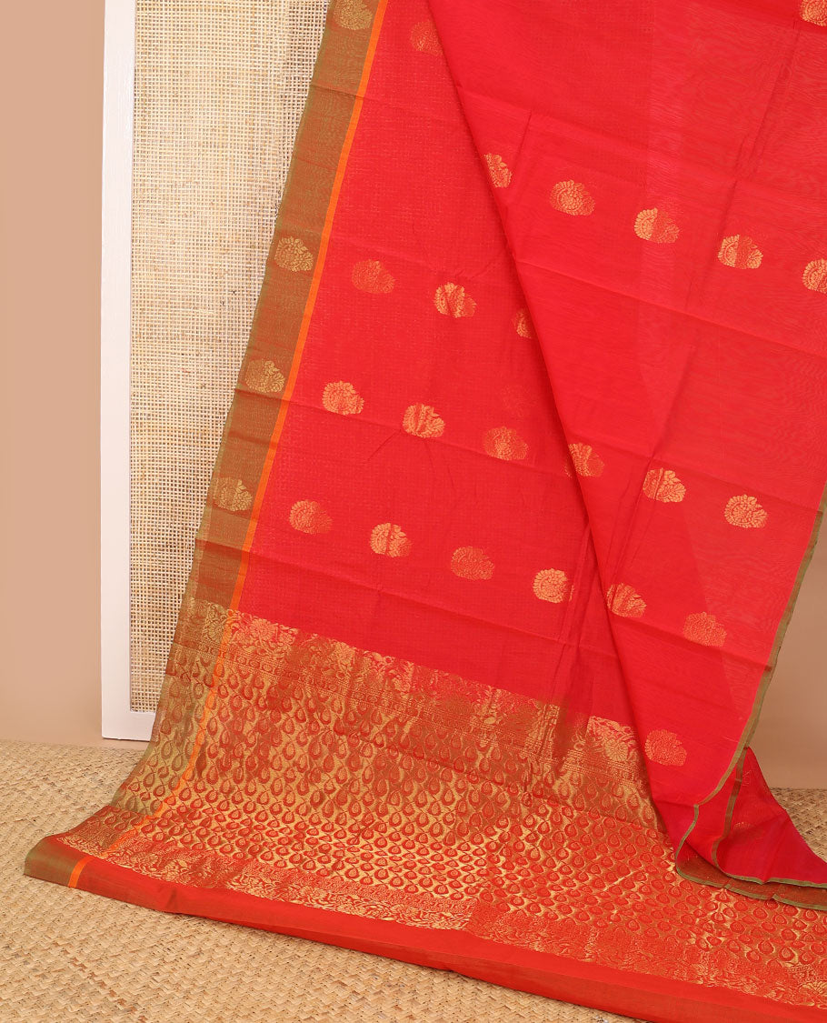 Red floral design silk cotton saree with contrast zari design border & jaal design pallu