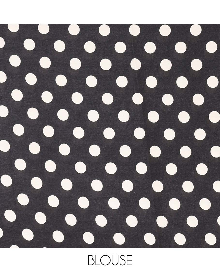 Cream polka dot printed design modal silk saree with contrast piping border & printed pallu along with printed blouse