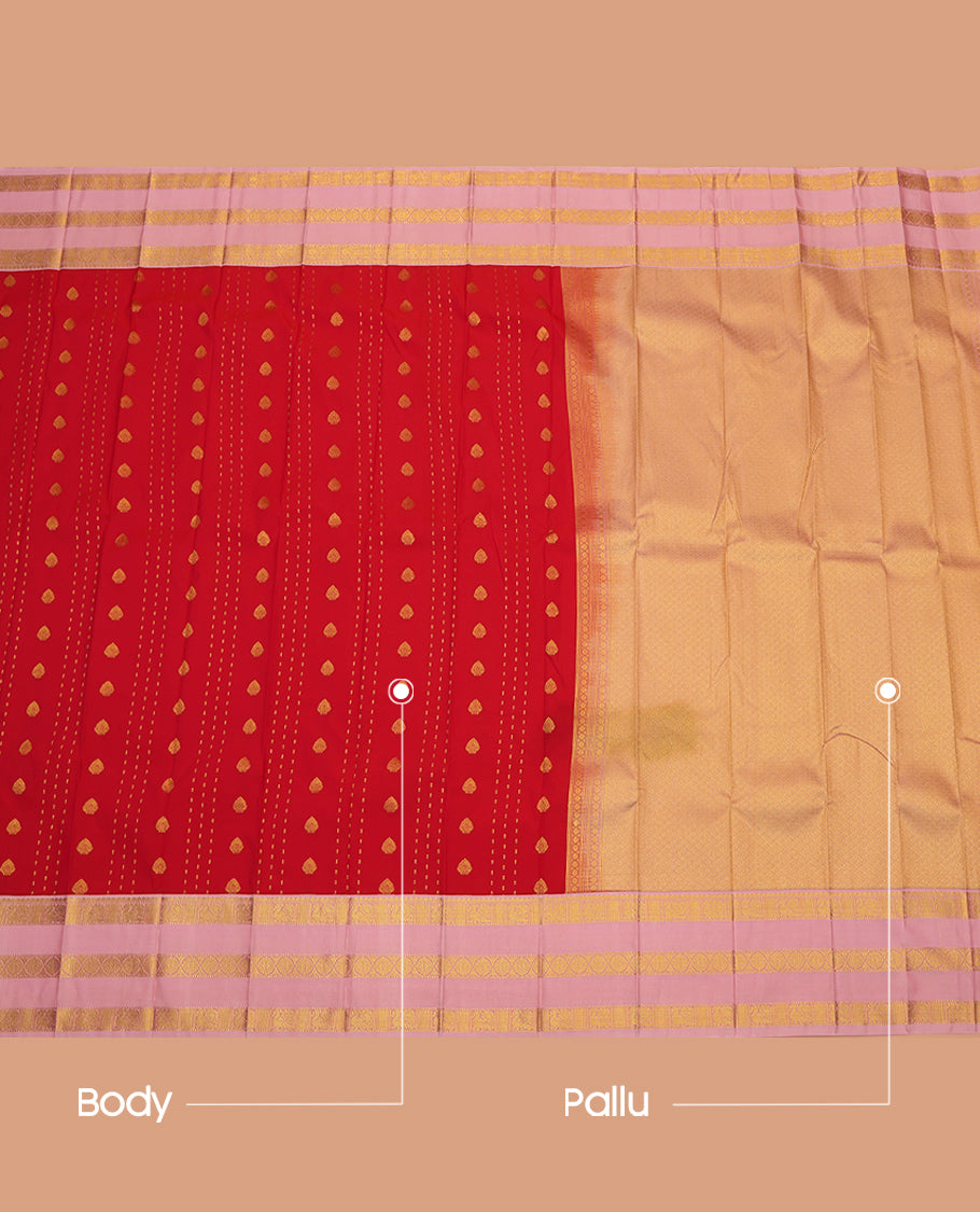 Red Budget Silk Saree, Spotlighted with Zari Buttas and Stripes, a Contrast Traditional Zari Border, Grand Pallu, and a Contrast Blouse
